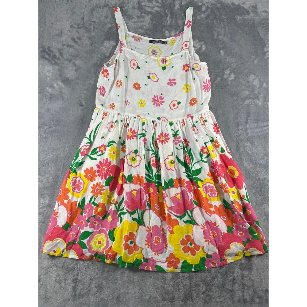 Mister Zimi Womens Floral Sleeveless Mini Dress White Pink Yellow Size 14